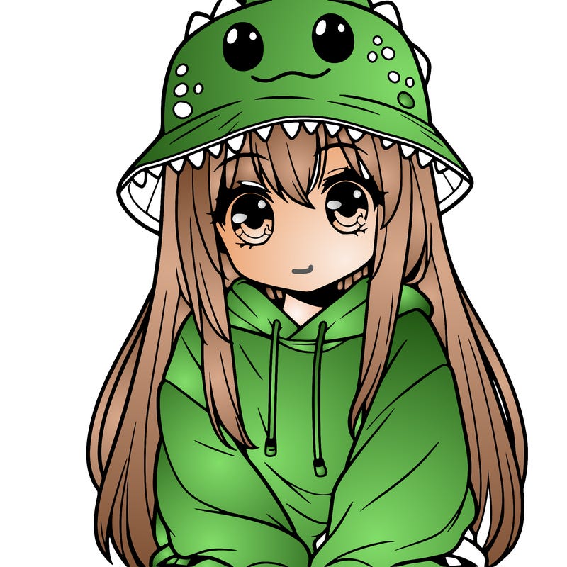 girl with anime shaped eyes with a dinosaur bucket hat oversized sweatshirt long straight hair