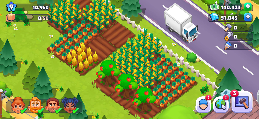 Supermarket Village—Farm Town - Top-down view of a colorful virtual farm with plots of corn, carrots, and wheat next to a white delivery truck
