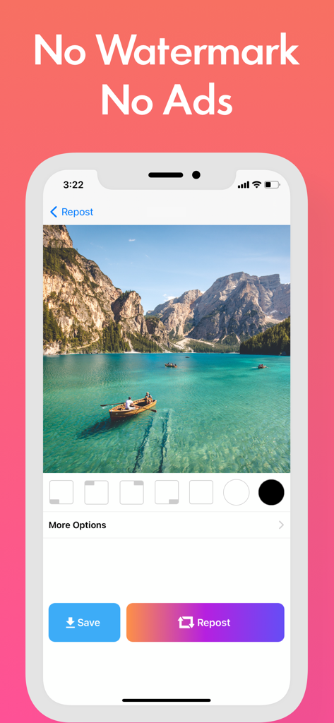 Instant Save 앱 인터페이스, 워터마크 또는 광고 없이 풍경 사진 저장 또는 다시 게시 옵션 표시