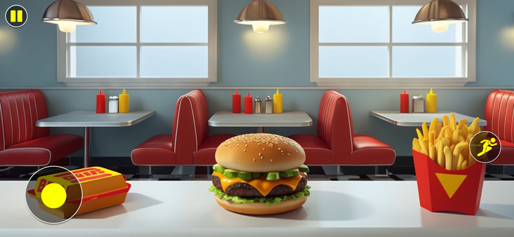 Cooking Quest Food Simulator! - Gameplay screenshot of a realistic burger and fries in a retro diner setting
