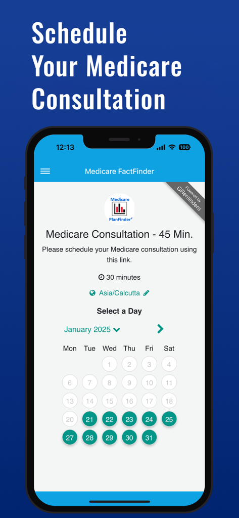Smartphone screen displaying a calendar to schedule a Medicare consultation in the Medicare PlanFinder app.