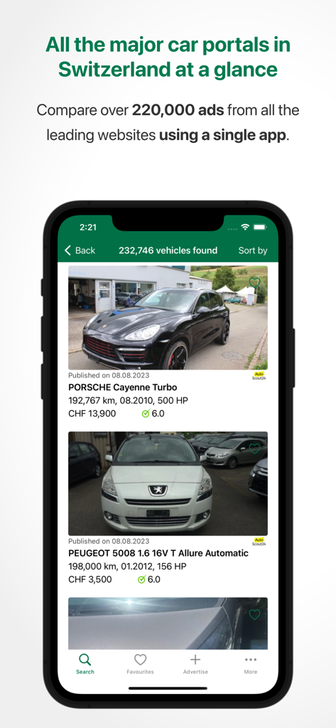 Comparis Car Marketplace app interface showing a list of used car listings in Switzerland with prices and quality ratings.