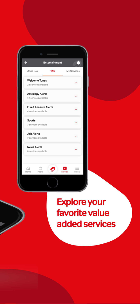 Una pantalla móvil de la aplicación My Airtel que muestra varios servicios de valor añadido como Welcome Tunes, alertas de astrología y deportes.