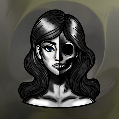 bust of a woman, half face and hair, half skull