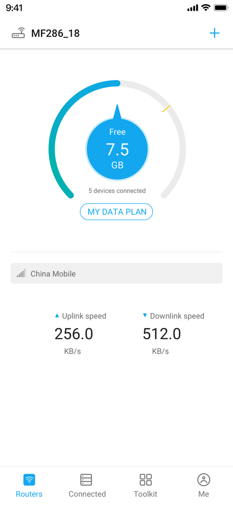 ZTELink - ZTELink app dashboard showing router data usage connected devices and network speeds