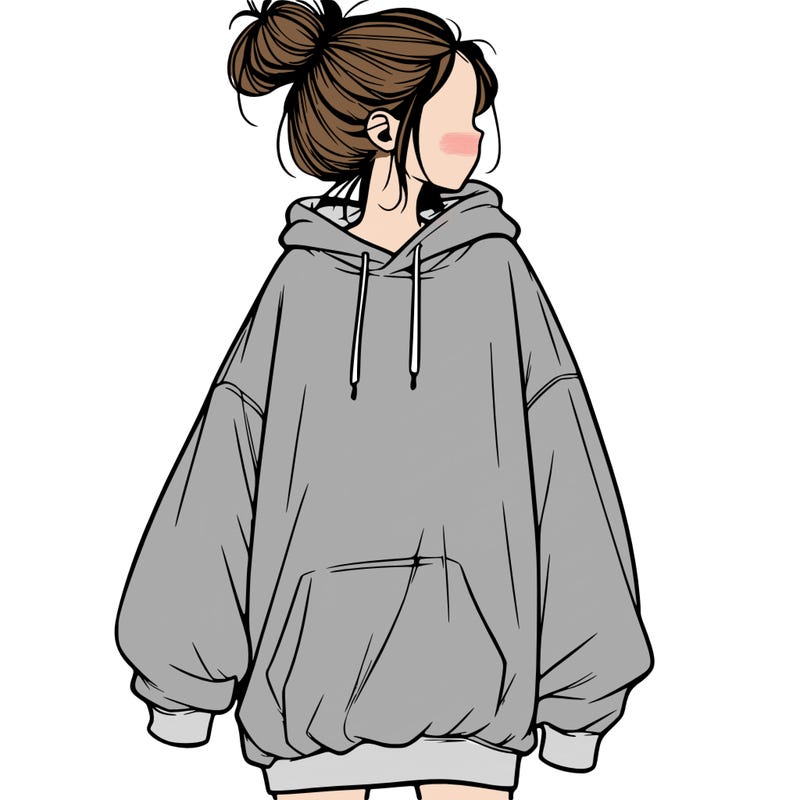 realistic girl with a oversized sweatshirt on and a bun