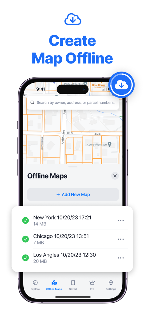 LandMap Property Line Finder - Écran de l'application LandMap montrant une liste de cartes de parcelles hors ligne téléchargées pour des villes comme New York et Chicago.