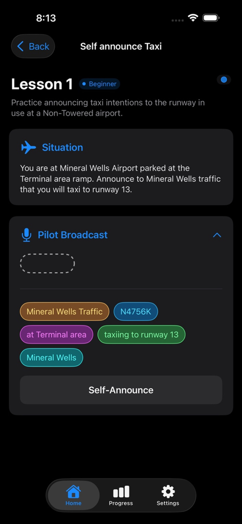 ATC Training: Pilot Comms - Une leçon dans l'application ATC Training pour s'entraîner à annoncer ses intentions de roulage sur un aéroport non contrôlé.