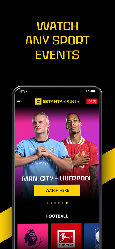 Setanta Sports mobile app interface featuring a live football match between Manchester City and Liverpool