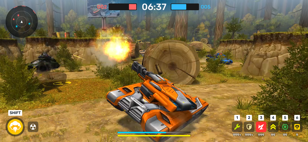 Um tanque laranja personalizado em uma cena de batalha PvP 3D na floresta com uma explosão ao fundo