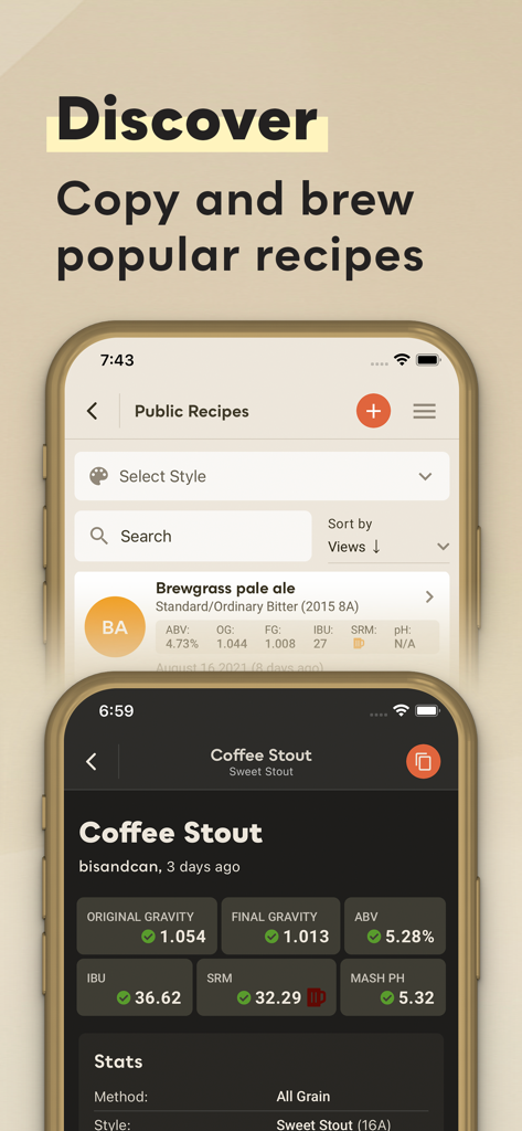 Aplicación móvil Brewers Friend que muestra una lista de recetas públicas y estadísticas detalladas de una stout de café