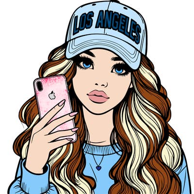realistic beautiful girl wearing los ángeles cap holding an iphone