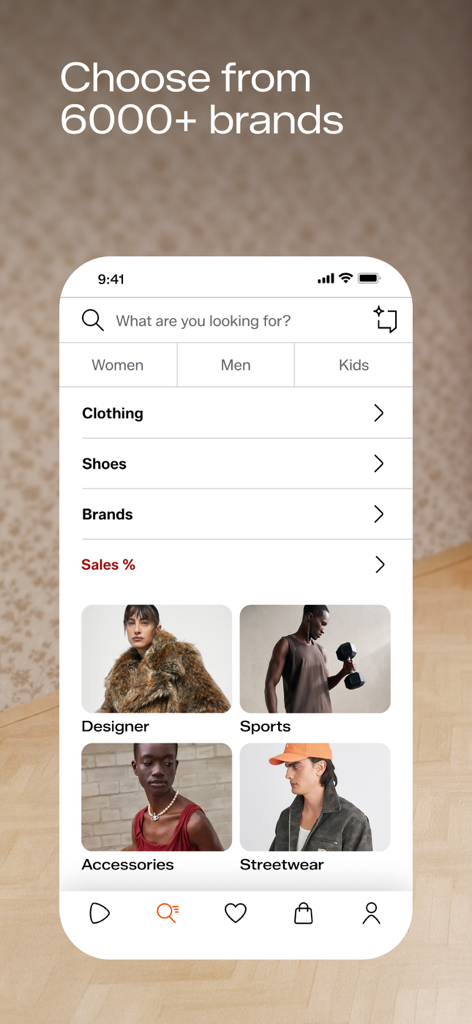 Mobile screen of the Zalando app displaying fashion categories including Designer and Sports with access to over 6000 brands