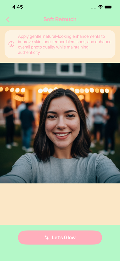 Blemish Remover: Clearrr - Pantalla de la aplicación Clearrr para la edición de retoque suave de la piel en una selfie.