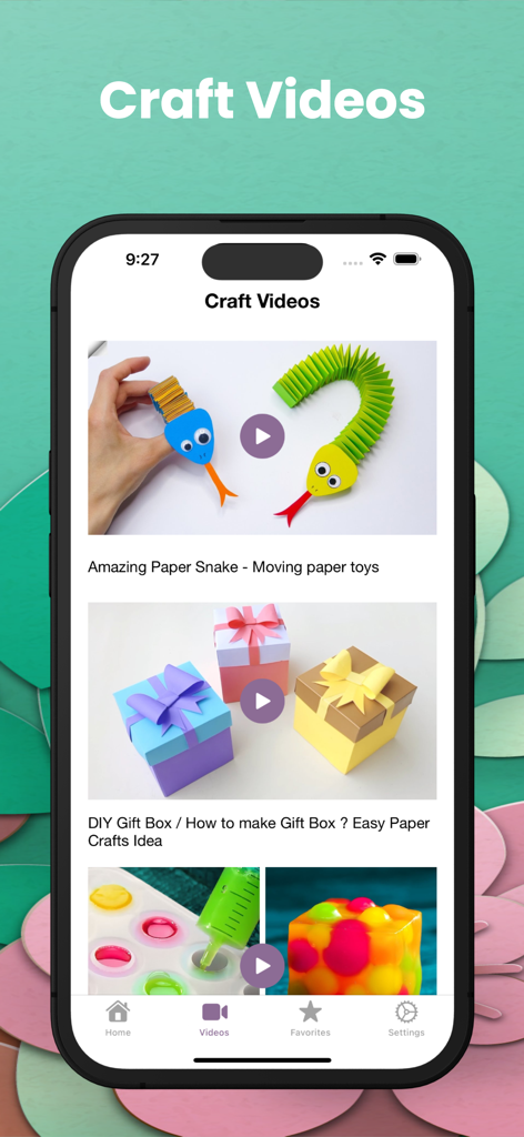 DIY: Learn Craft Offline - Interfaz de smartphone que muestra una colección de tutoriales en video de manualidades DIY para proyectos de papel y creación de regalos.