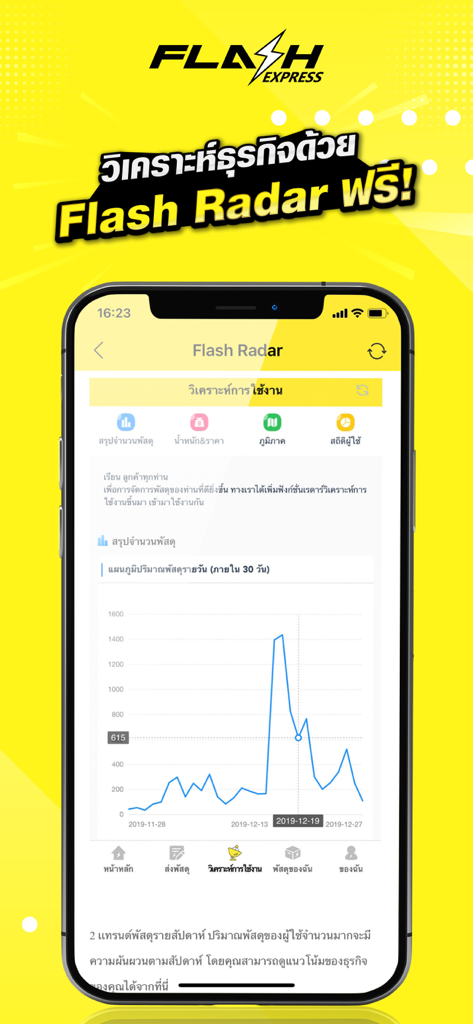 Flash Express app showing the Flash Radar feature with a business analytics graph for parcel tracking statistics