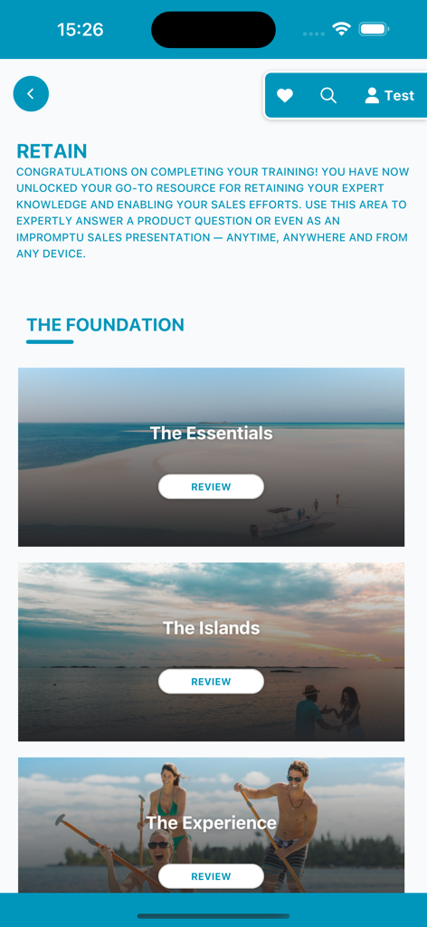 Bahamas Specialist app training review dashboard showing modules for essentials islands and experience