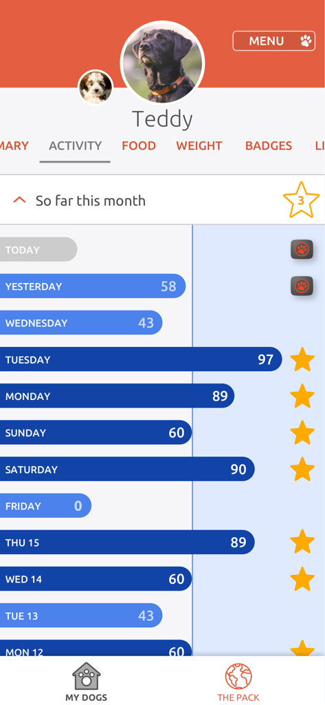 PitPat app screen showing daily activity levels and exercise goals for a dog named Teddy.
