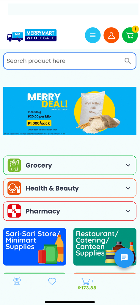 MM Wholesale - Mobile app interface of MerryMart Wholesale showing grocery categories and a bulk rice promotion