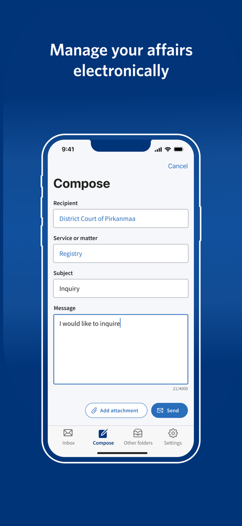 Interface of the Suomi.fi app showing a message being composed to the District Court of Pirkanmaa.