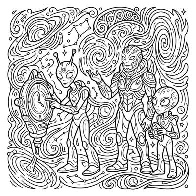 Embark on an intergalactic adventure with this captivating alien time travelers coloring page. Discover a universe filled with cosmic patterns, mysterious clocks, and intriguing extraterrestrial beings ready for your creative touch.
