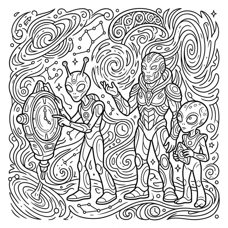 Embark on an intergalactic adventure with this captivating alien time travelers coloring page. Discover a universe filled with cosmic patterns, mysterious clocks, and intriguing extraterrestrial beings ready for your creative touch.