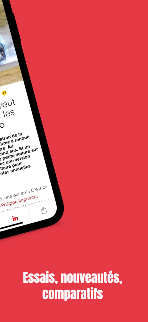 Challenges - Smartphone displaying a Challenges app article about car news and reviews against a red background