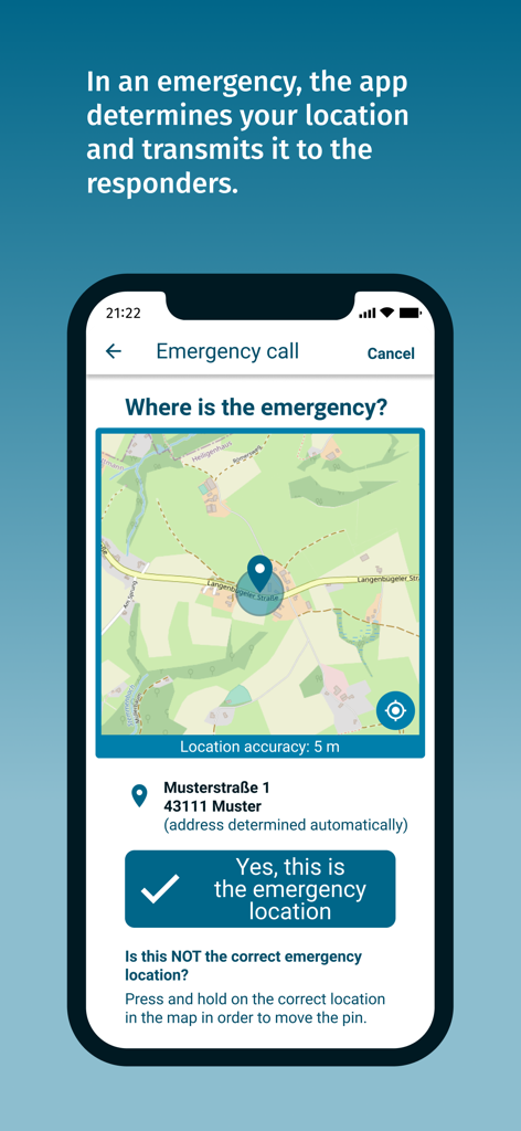 nora - Emergency Call App - A map interface in the nora app showing automated location tracking for emergency responders