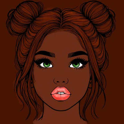 realistic girl with two buns on her hair and lips