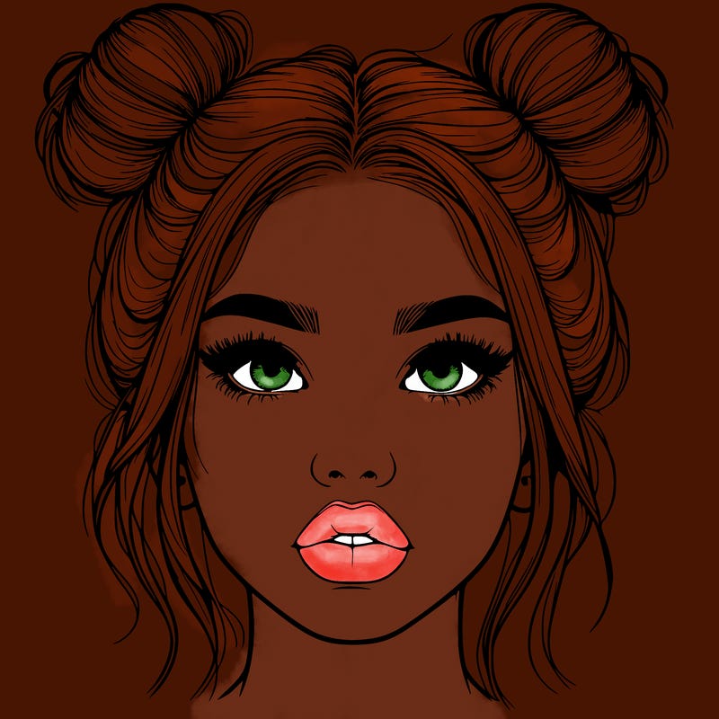 realistic girl with two buns on her hair and lips