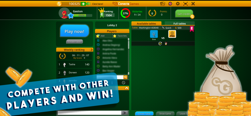 The multiplayer lobby for the Canasta Hand and Foot card game featuring weekly rankings and available tables.