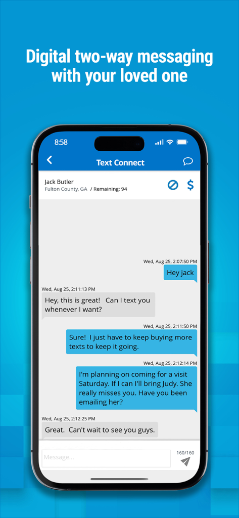 A screenshot of the Securus Mobile app showing a two way text messaging interface with an incarcerated loved one