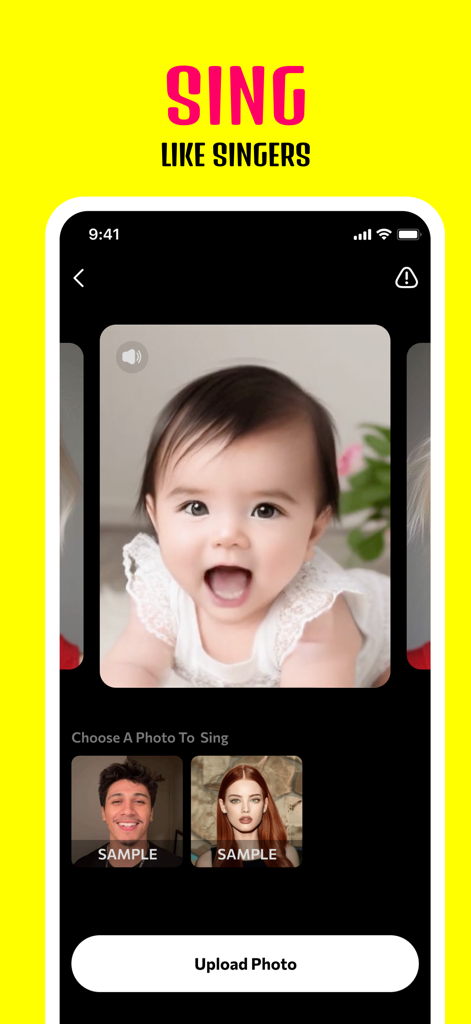 Interface of the Photo Dance app showing the feature to make a baby photo sing like a singer