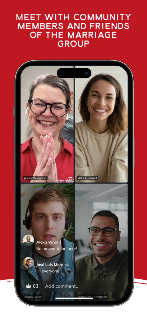 Marriage Every Day - Marriage Every Dayアプリ内の4人でのライブビデオ通話機能で、コミュニティメンバーが交流している様子。 