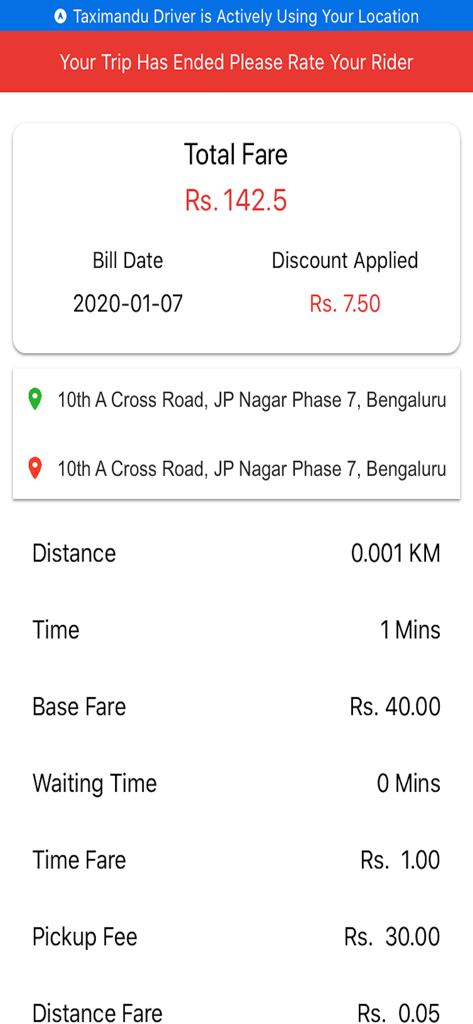 Taximandu - Pantalla de la aplicación Taximandu que muestra un resumen del viaje con desglose del precio total y detalles del viaje.