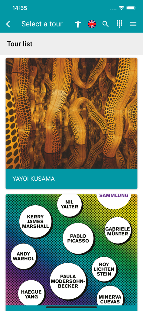 Ludwig x Kusama - Tela de seleção de tour no aplicativo Ludwig x Kusama com exposição de Yayoi Kusama e lista de coleções gerais do museu.