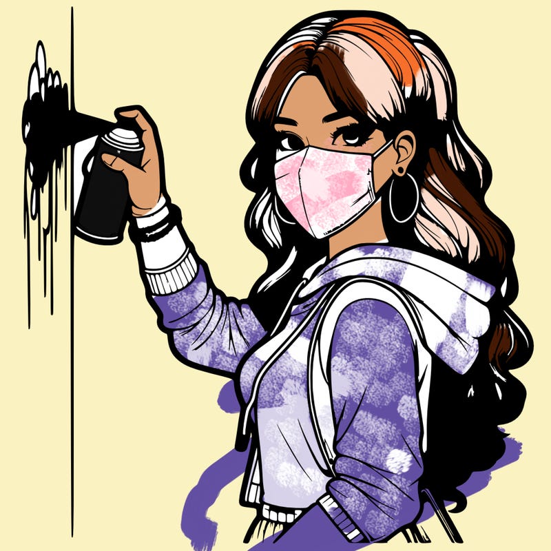 realistic girl with mask spray painting a wall