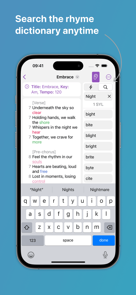 Lyrcs app rhyming dictionary search interface for songwriters