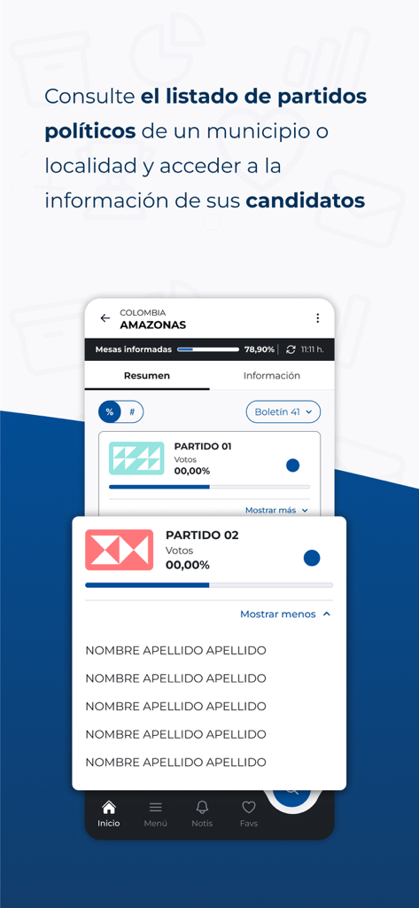 Mobile interface of the Resultados CMLJ 2025 app displaying political party lists and candidate names for Colombian youth elections