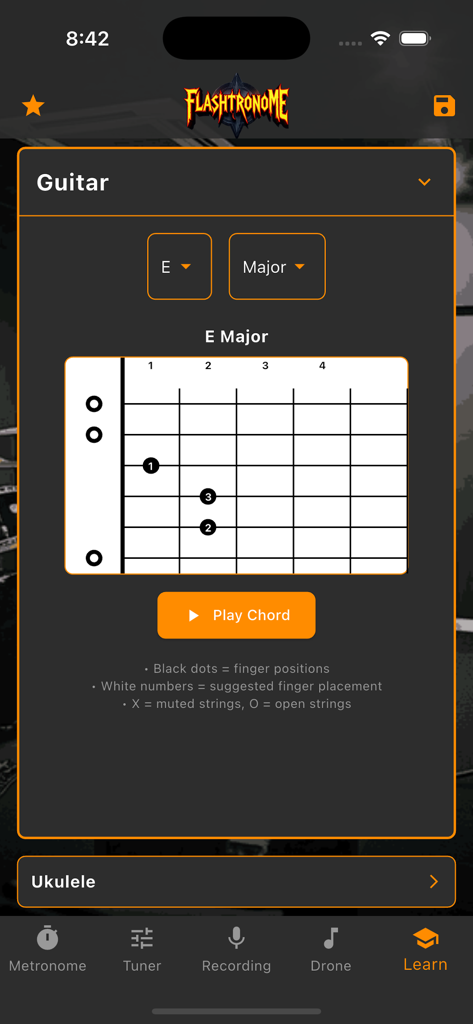 Flashtronome - Flashtronome app interface showing a guitar chord diagram for E Major with finger positions