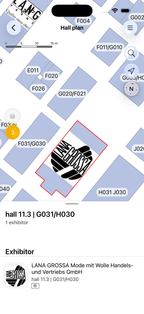 h+h cologne - Plano interativo do salão e mapa de expositores no aplicativo h plus h cologne mostrando os locais dos estandes