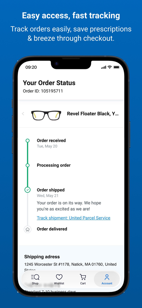 Oberfläche der GlassesUSA-App, die eine Zeitleiste für den Bestellstatus zur Verfolgung des Brillenversands zeigt