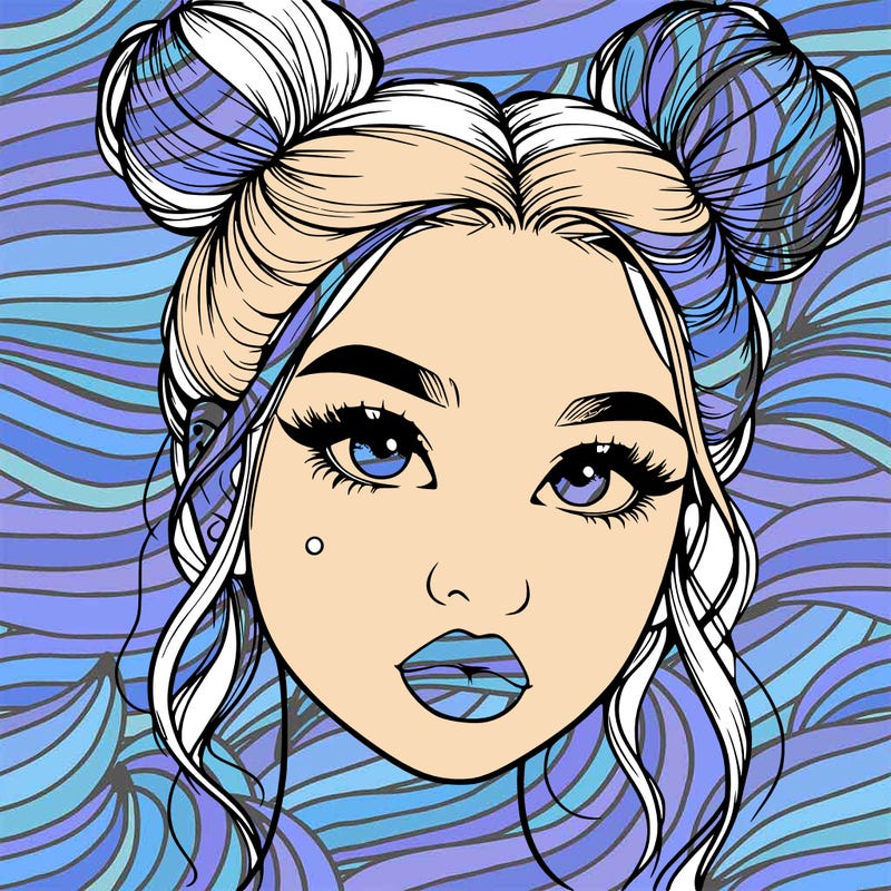 realistic girl with two buns on her hair and lips
