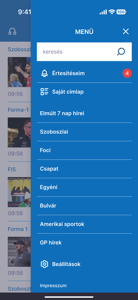 Origo Sport - Menu latéral de l'application Origo Sport avec les catégories sportives et les paramètres de notification.