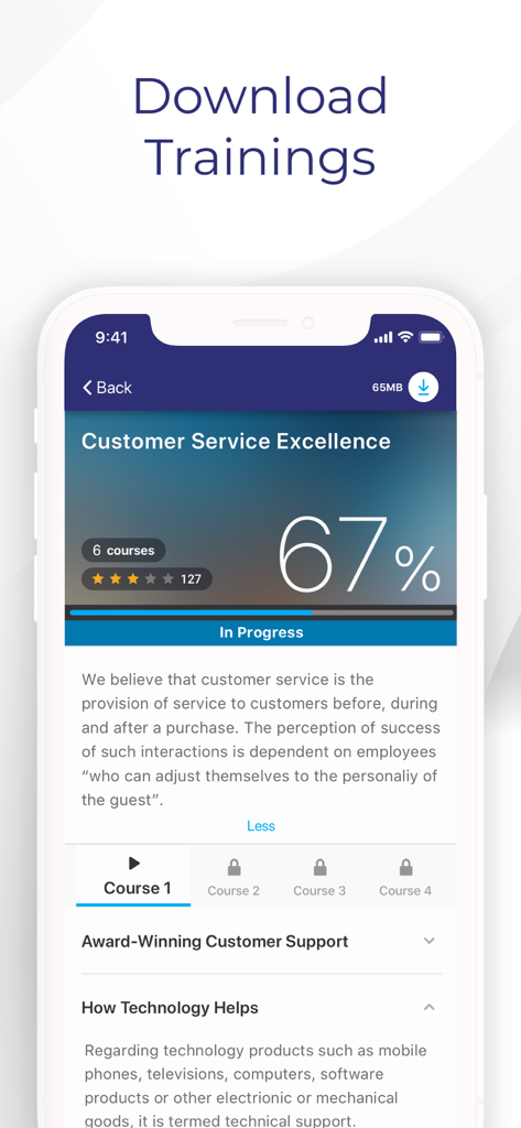 Interfaccia mobile dell'app Absorb Learning che mostra la funzione di download della formazione per l'educazione aziendale offline.