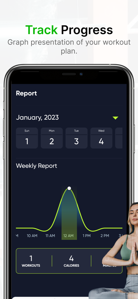 30 days Excercise challenge - Una pantalla de smartphone que muestra la página de informe de la aplicación Desafío de Ejercicio de 30 días con un gráfico de progreso semanal y estadísticas de entrenamiento.