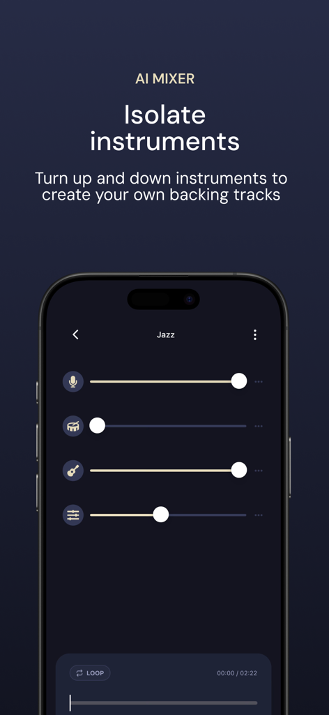Interfaz del mezclador de IA en la aplicación Diario de Práctica Musical que muestra deslizadores para aislar y ajustar el volumen de las pistas de voz, batería y guitarra.