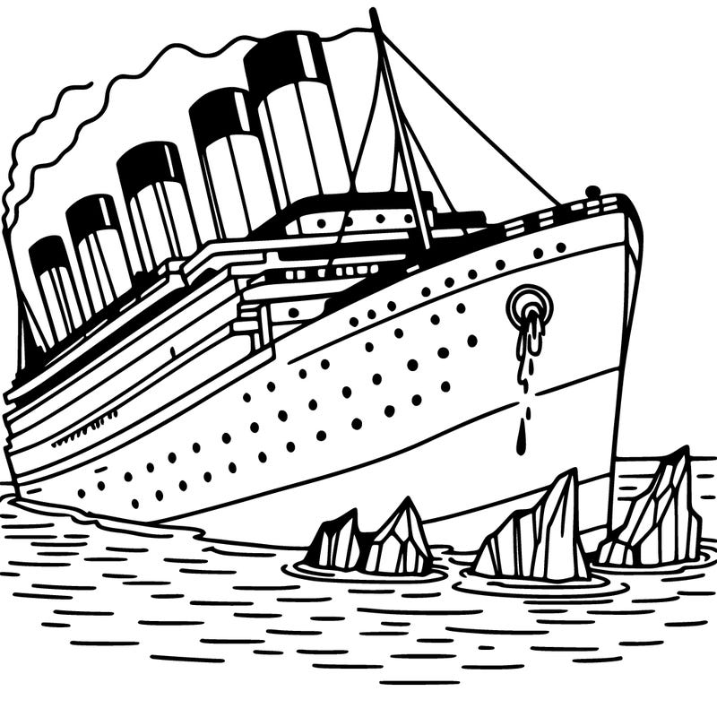 titanic with a hole on the front and a huge iceberg in the water sinking