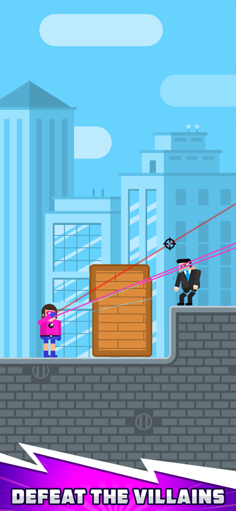 The Superhero League - Ein pinker Superheld zielt mit Energiestrahlen auf einen Anzug tragenden Schurken auf einem Stadtdach.