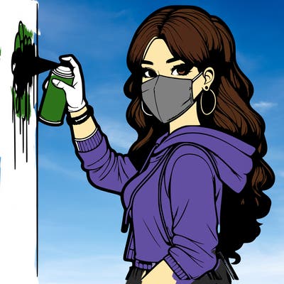 realistic girl with mask spray painting a wall